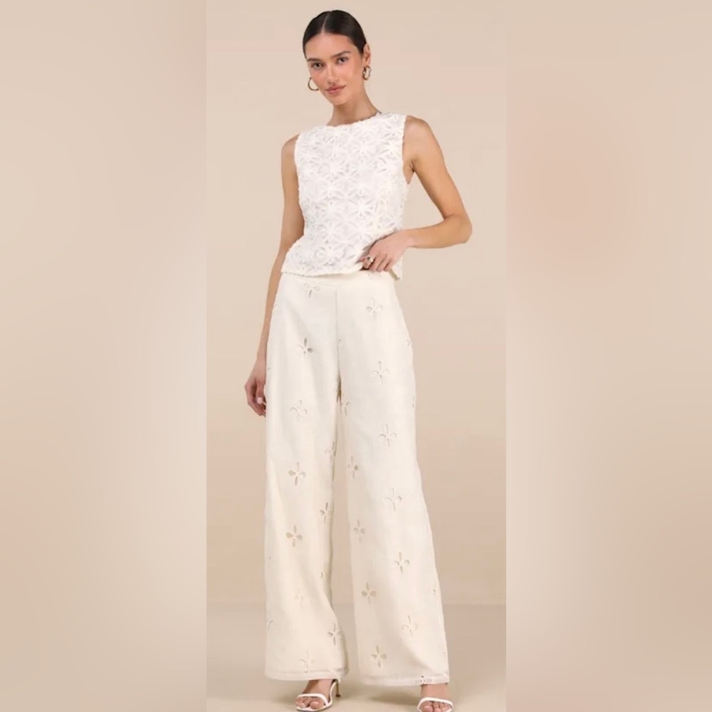 Lulu's Elif Cream Eyelet Embroidered High-Rise Pants